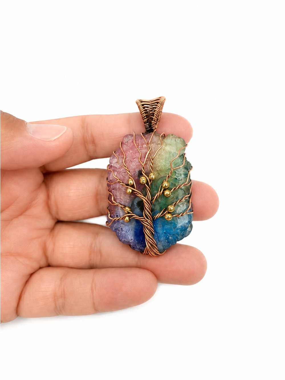 Handmade Rainbow Tree of Life Wire-Wrapped Crystal Pendant